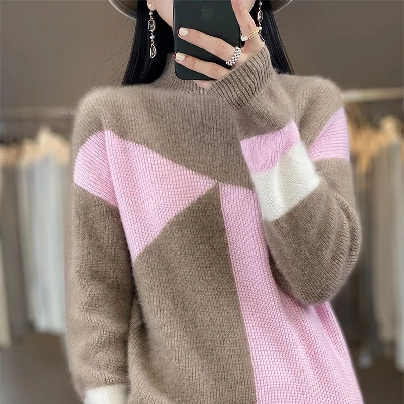 New Autumn/Winter Fashion Korean Edition Color Block Half High Neck Loose Versatile Western Style Slim Women\'s Knitted Sweater