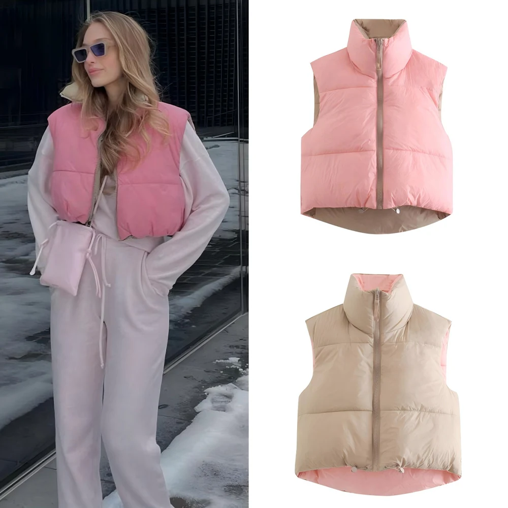 

Women's winter new warm short double-sided stand collar cotton vest retro sleeveless zipper women's vest chic top