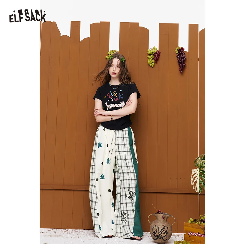 ELFSACK Patchwork Print Wide Leg Pants, Elastic Waist Floral Plaid Trousers, Casual Loose Pants for Women