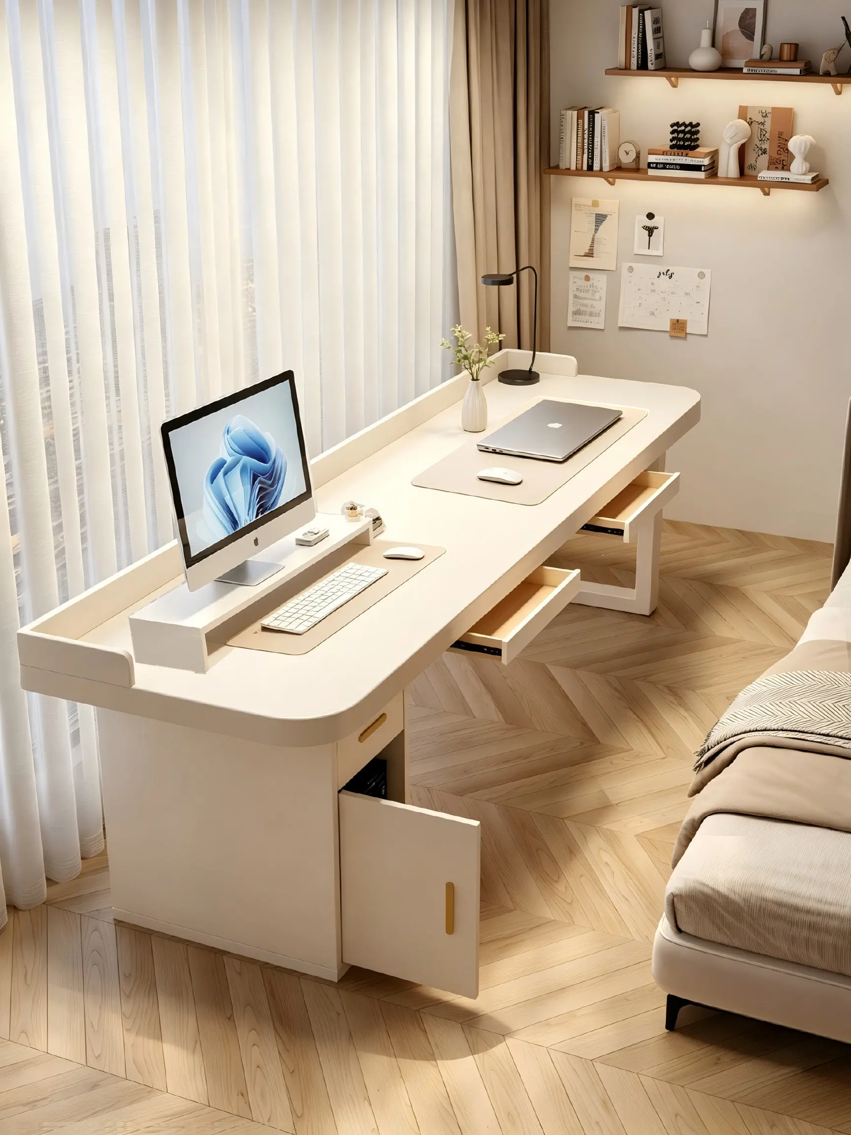 HT Solid wood computer desk, bedroom, household with drawers, storage cabinet, integrated office, long table with baffle