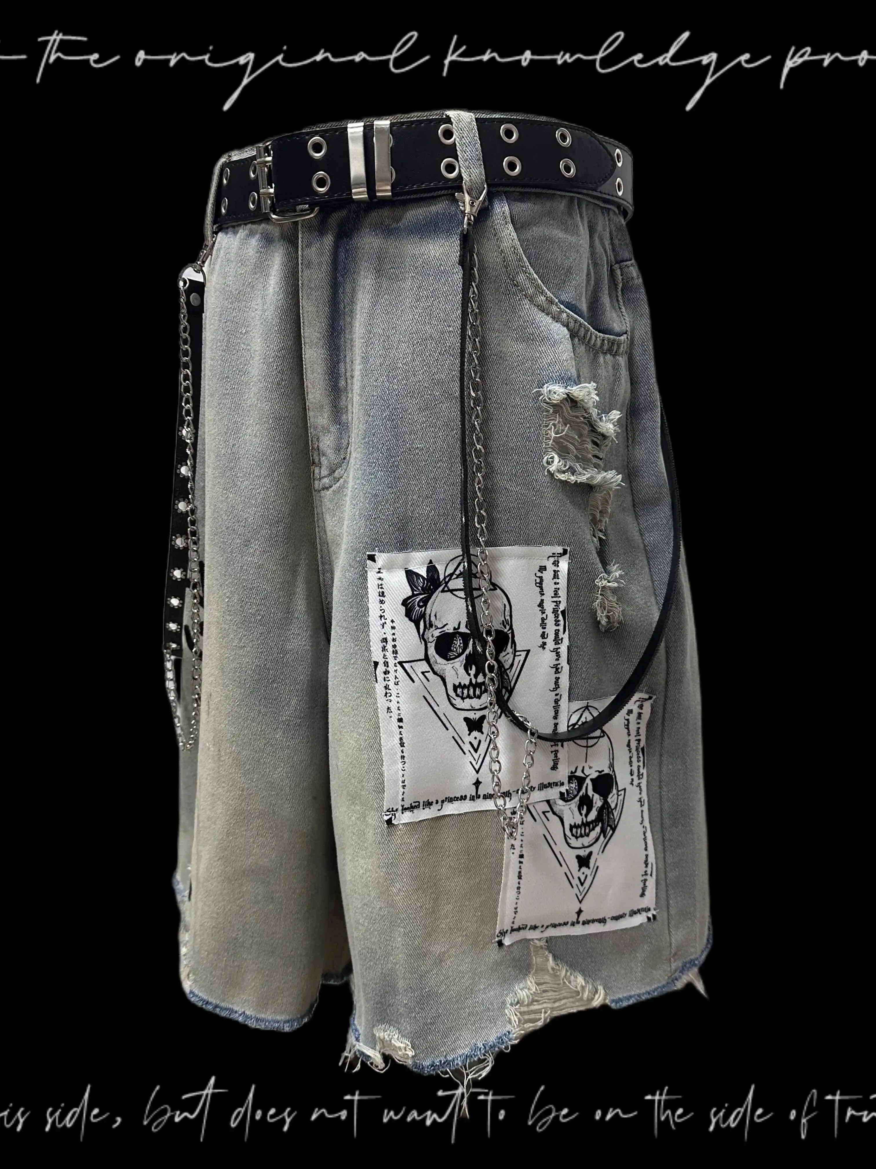 Gothic Punk Jeans Japanese Dark Punk Shorts 5 Point Jeans Unisex Summer Distressed Patchwork Wide Leg Mid Length Pants