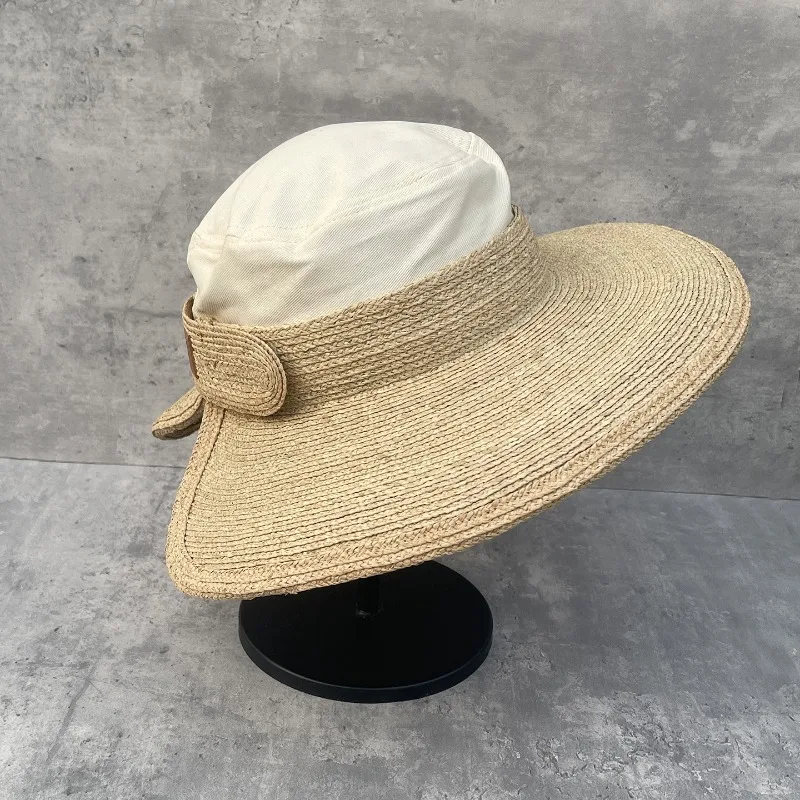 Women's Summer Raffia Wide Brim Bucket Hat Detachable Top Back Slit Sun Cap