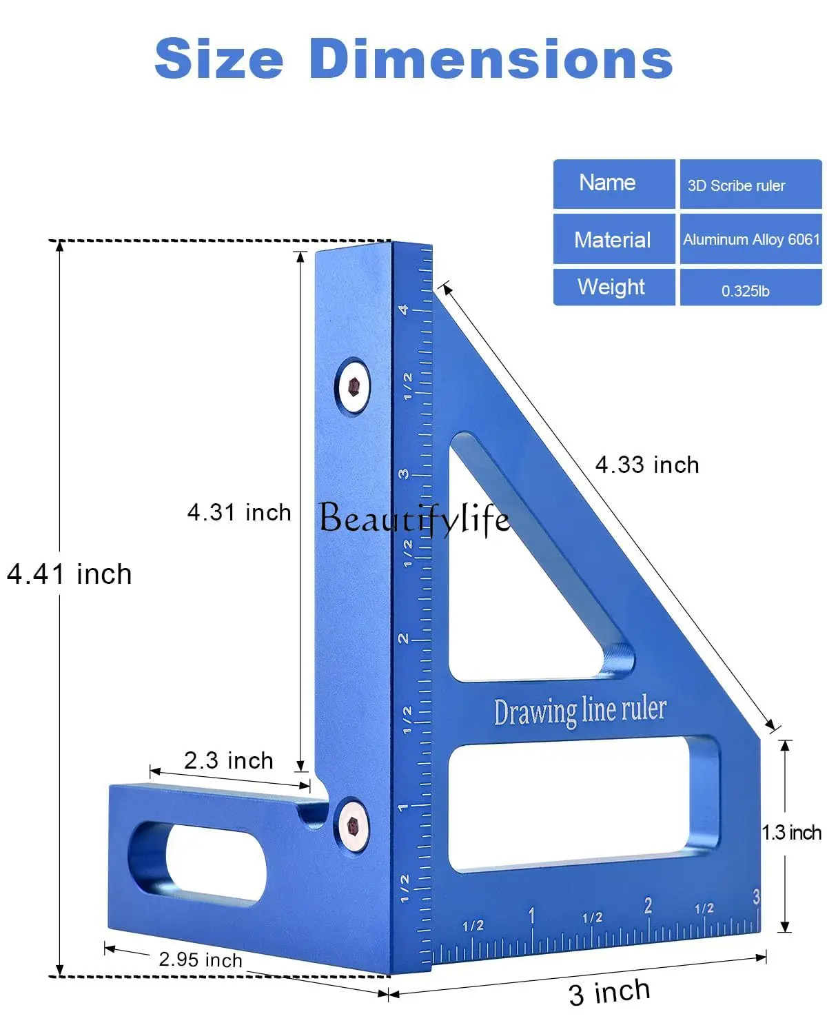 Aluminum Alloy Woodworking Triangle Ruler Right Angle Scribing 45 ° Degree Positioner Metric Imperial Unit Right Angle Scribing