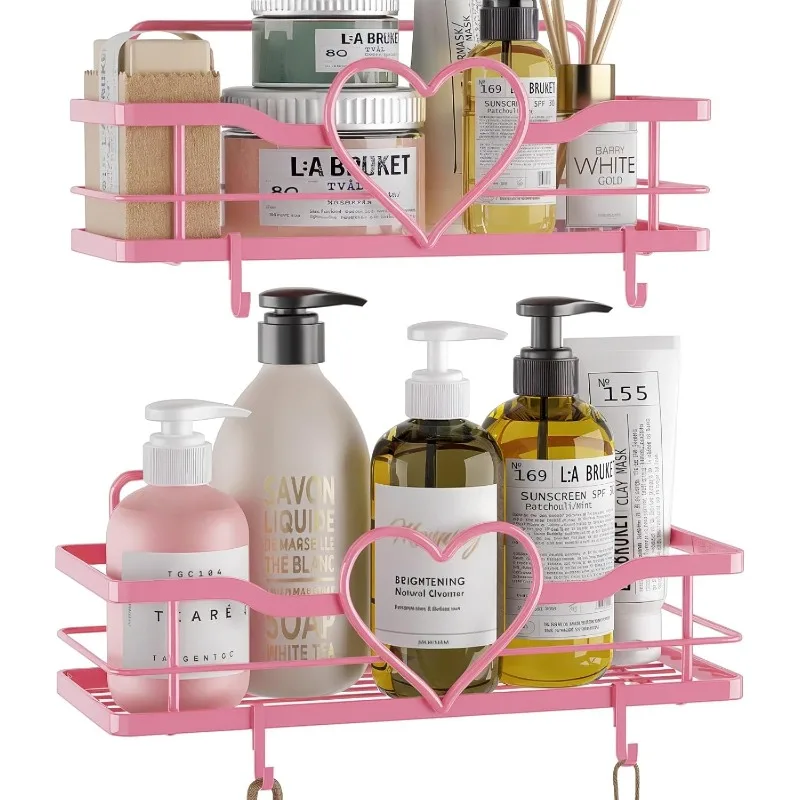 Pink Shower Caddy with 4 Removable Hooks, 2 Pack Sweet Heart Shelves,No Drilling Adhesive Organizer Shelf for Bathroom Shower