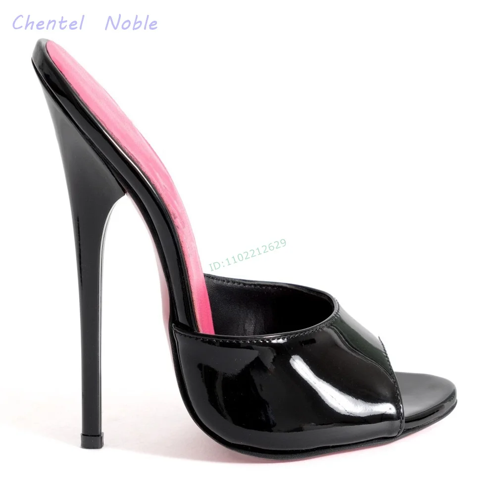 Black Patent Leather Slippers Thin High Heels Round Toe Slip-on Women Stiletto Mules Summer Shoes 2024 New Arrivals Party Dress