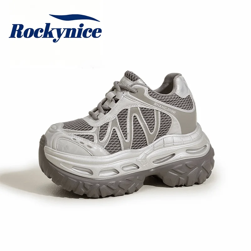 New Women's Dad Shoes High Platform Breathable Mesh Sneakers Casual Sports Shoes for Woman Autumn 9CM Thick Bottom Leather Shoes
