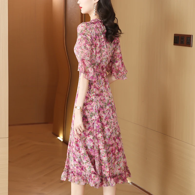 2025 여름 플로럴 시폰 우아한 캐주얼 비치 드레스 실크 시크 V넥 캐주얼 롱 드레스 여성 한국 바디콘 파티 나이트 드레스