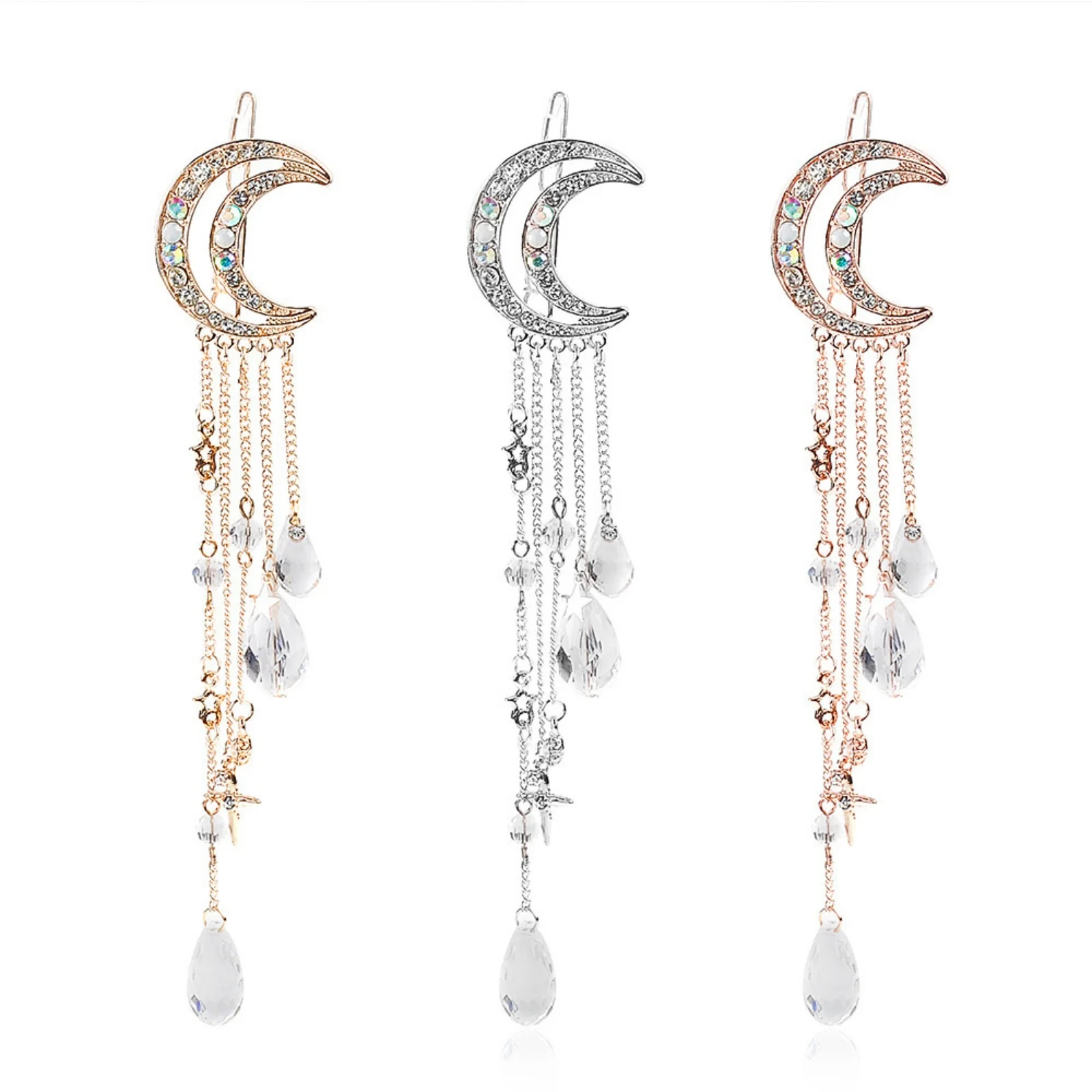 1 Stück Ramadan-Mond-Haarspange für Damen, funkelnde Kristall-Strass-Halbmond-Haarspangen, elegantes Quasten-Haaraccessoire – Detail 3