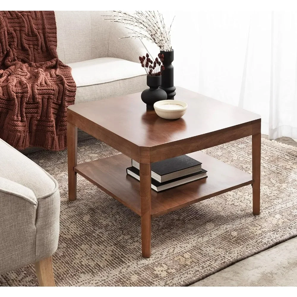 Transitional Tiered Square Coffee Table for Living Room Decor, 26x26x18, Walnut Brown