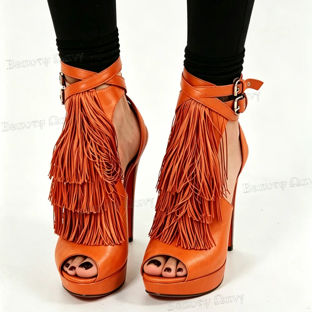 Orange Peep Toe Platform Sandals Ankle Buckle Women Shoes Cut Side Open Round Toe High Heel Shoes for Girls Zapatos Para Hombres