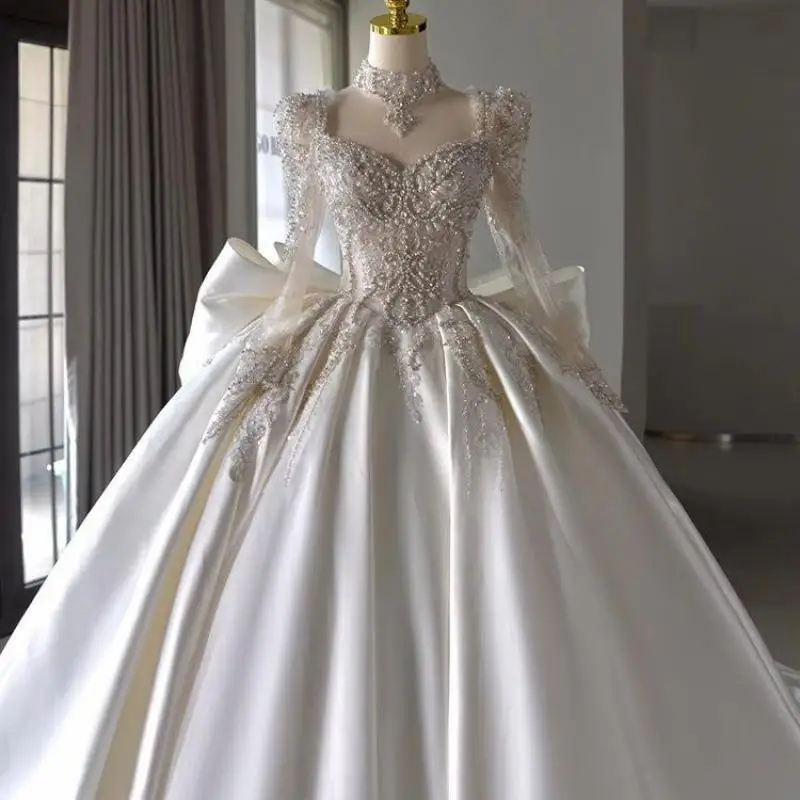 Luxury Beading Satin Wedding Dress Ball Vintage Princess Sweep Train Butterfly Wedding Gowns Lace Up Vestido  Novia Customized