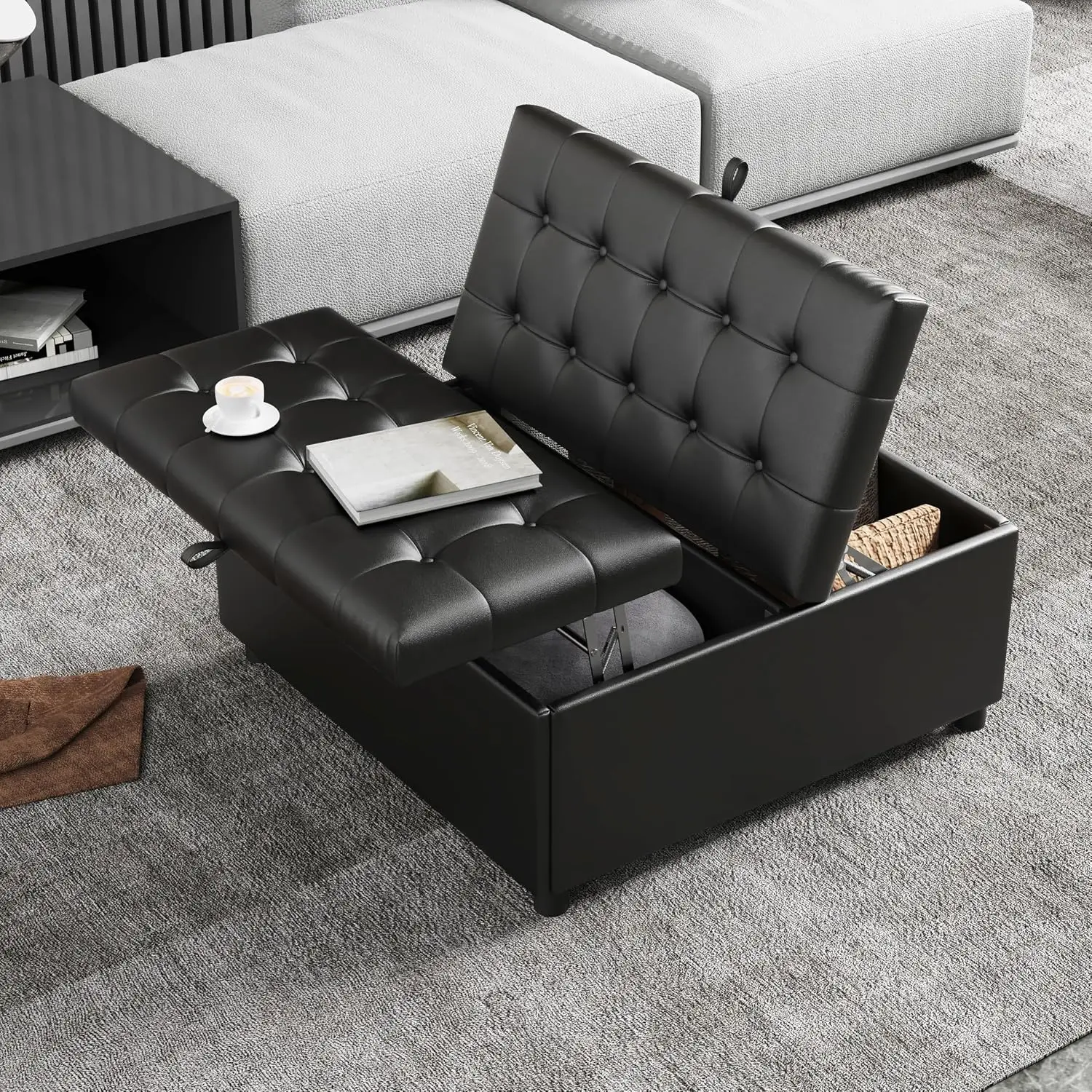 Black Leather 36 Inch Square Lift Top Ottoman Storage Bench for Living Room, Customized
