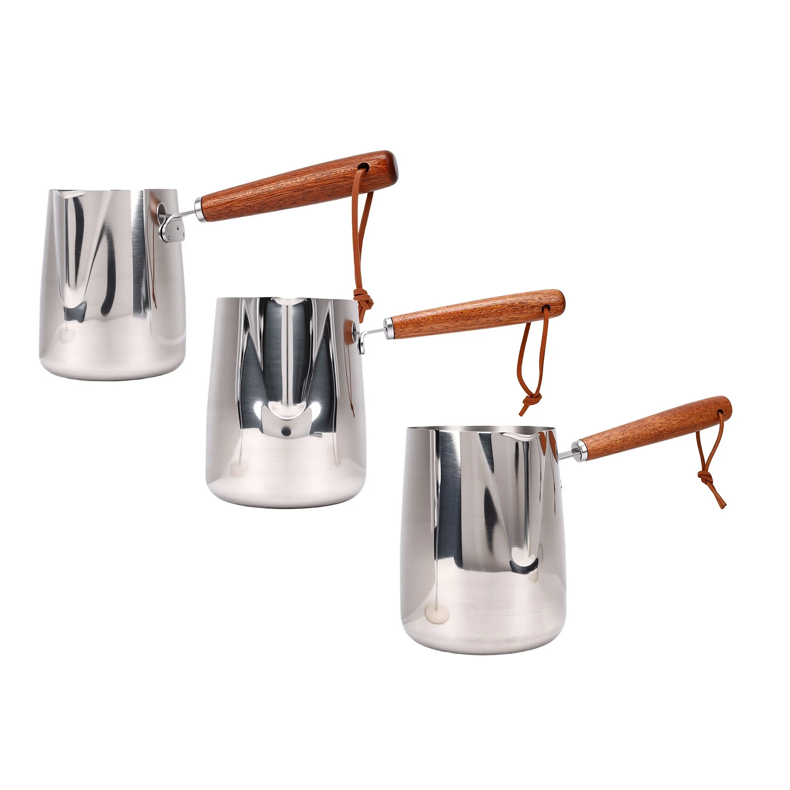 Jarra para espumar leche de acero inoxidable 304 con asa de madera y boquilla para arte de café, calentar aceite, derretir mantequilla y chocolate