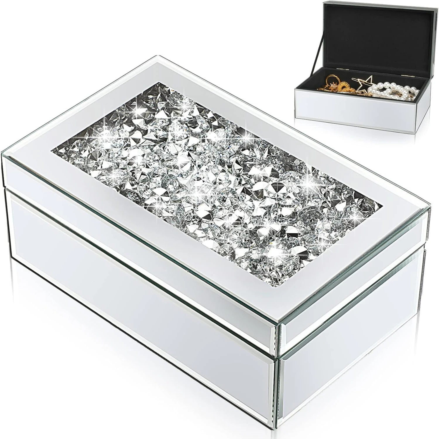 Luxurious Kenning Silver Crushed Diamond Glass Mirrored Jewelry Box Organizer for Women - Elegant Storage Solution for Rings and