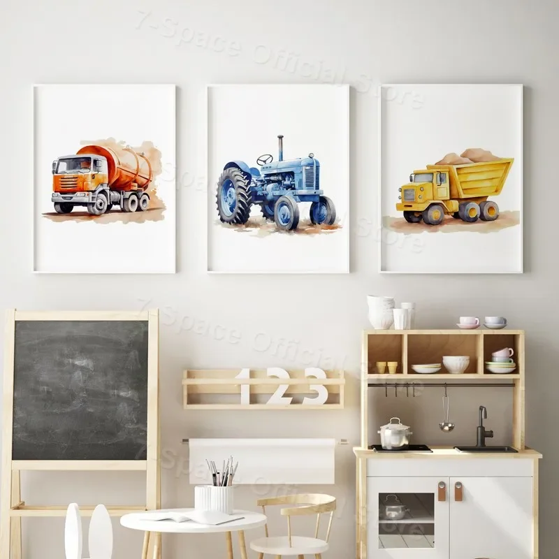 

Watercolor Engineering Vehicle Tractor Car Farm Boy's Playroom Drawing Wall Art Kids Room Decor Children's Painting Poster