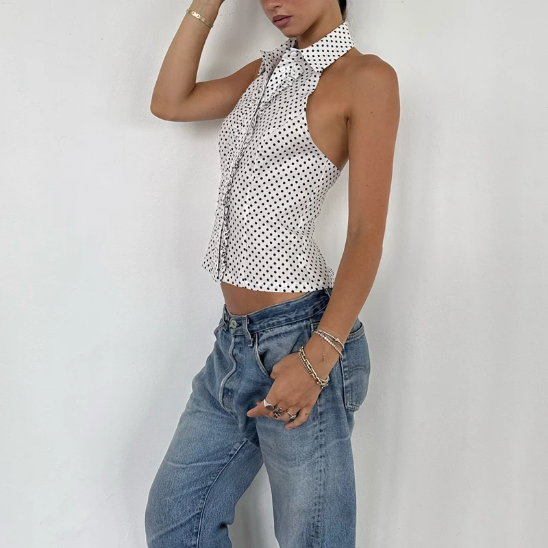 

Women Y2K Plaid Ruffle Button Down Shirts Lapel Halter Neck Turn Down Collar Sleeveless Slim Backless Crop Tank Top