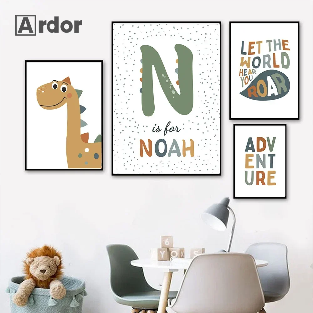 Cute Green Dinosaur Nursery Wall Art Canvas Painting Custom Name Posters And Prints Nordic Wall Pictures Kids Room Decoration
