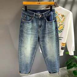 Jeans simples high-end masculino, calça de perna larga, combinando tudo, casual, harém solto, marca de moda retrô, primavera e outono