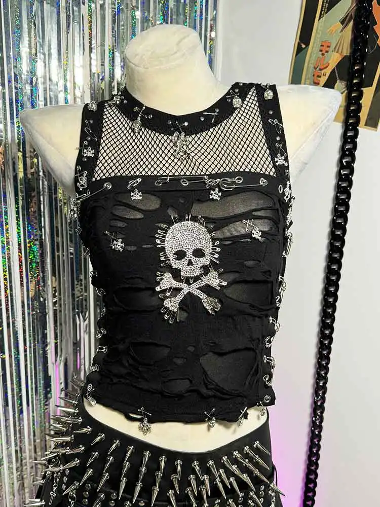 في سن المراهقة Harajuku دبوس Y2K القمم خمر 90s DIY بها بنفسك E-الفتيات يدوية الشرير الصخرة ملابس للنادي ايكو ايمو الجرونج القوطية تانك القوطي Kawaii الجمجمة #2