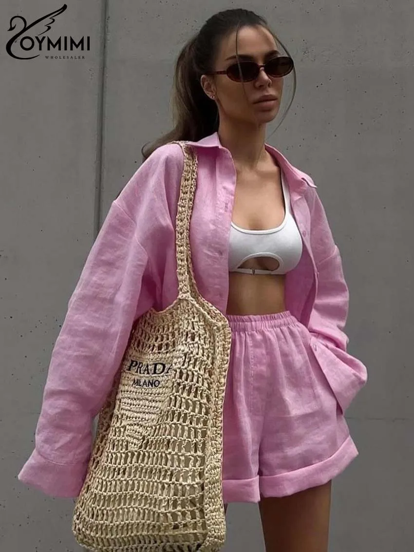 Oymimi-Conjunto de 2 piezas de algodón y cáñamo para mujer, elegante camisa de manga larga con botones y pantalones cortos simples de cintura alta,