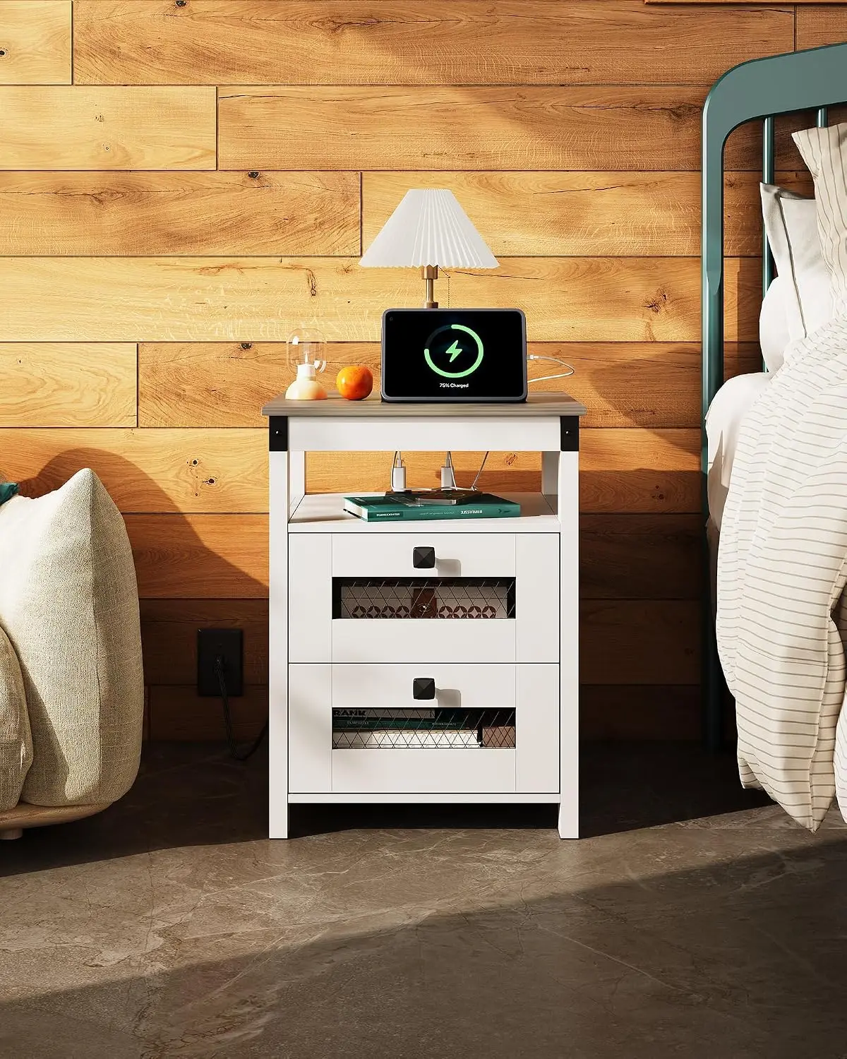 Nightstand Charging Station End Table 2 Drawers Open Shelf Wood White Greige Bedroom