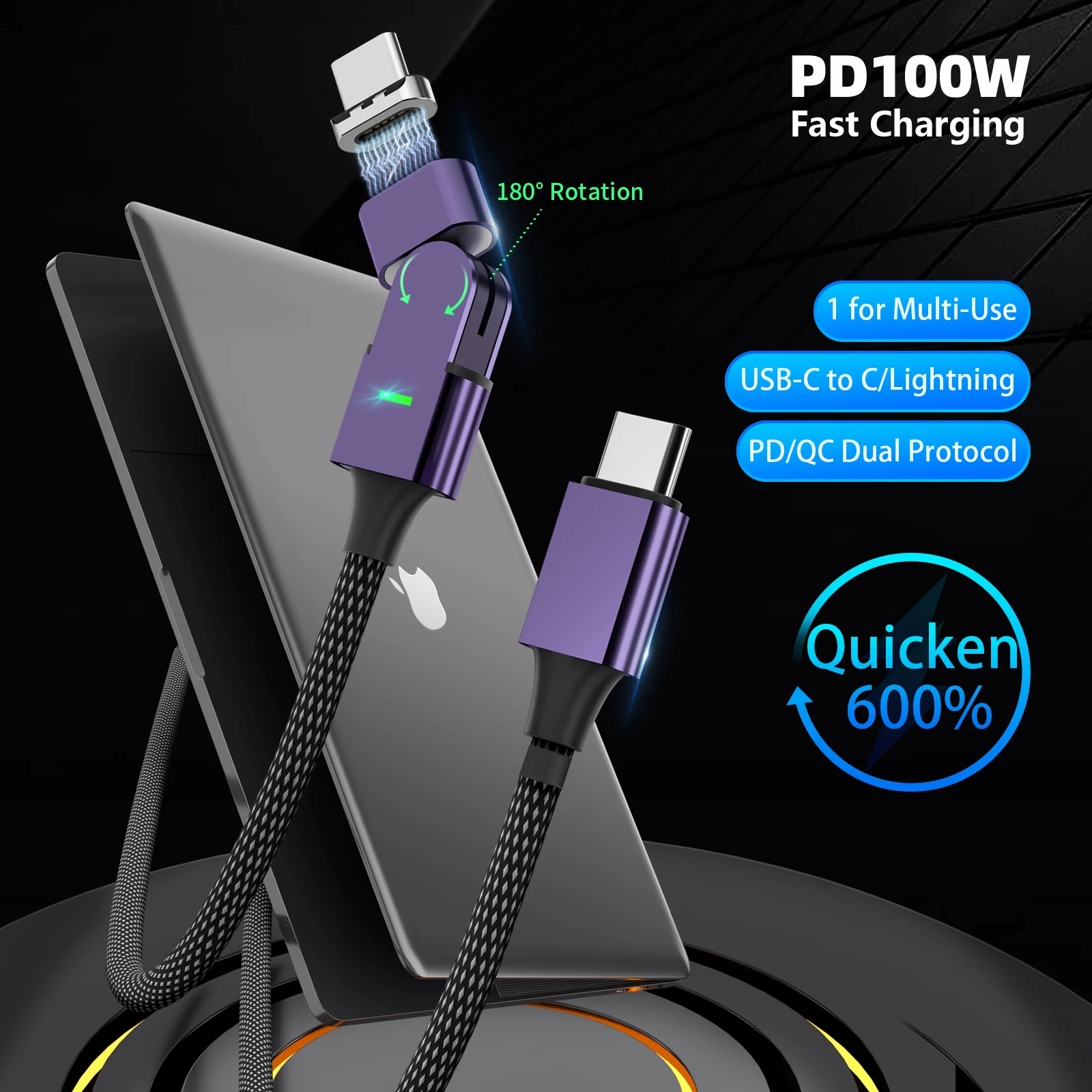 PD 100W Magnetic USB C to C/M/L Fast Charging Cable, 5A Rotating Zinc Alloy Nylon Braided for iPhone Samsung