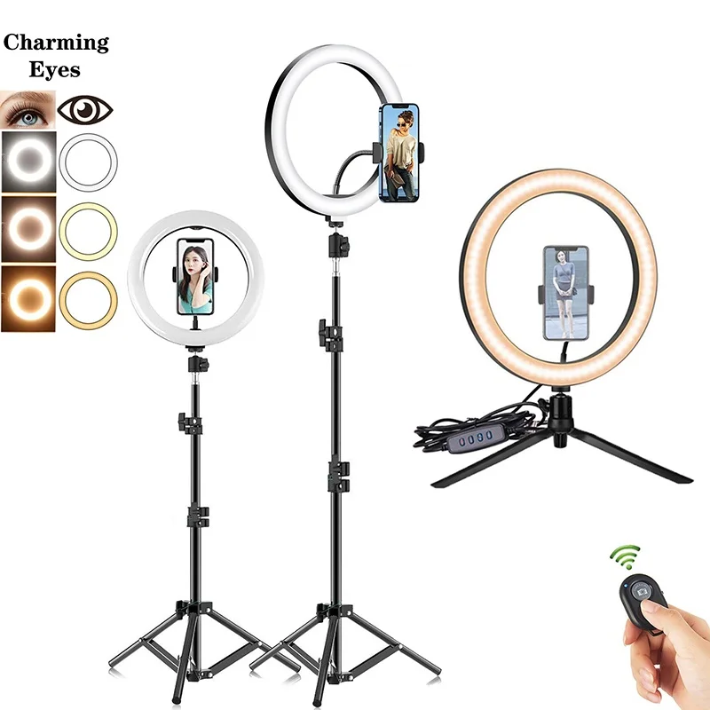 Luz LED para Selfies de 16/26/33cm con Trípode, Control Remoto Bluetooth, Anillo de Luz Regulable para Video en Vivo