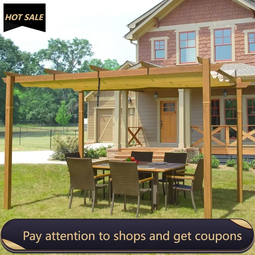 9’x13’Outdoor Retractable Pergola Against The Wall with Weather Resistant Canopy Aluminum Patio Gazebo (Teak Coated)