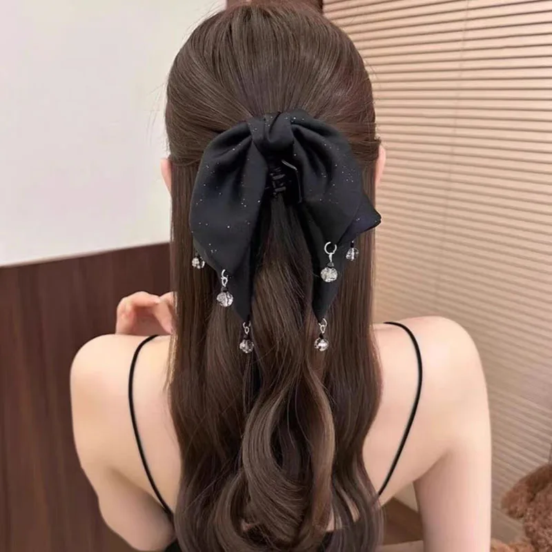 

New Large Shimmery Rhinestone Pendants Bowknot Hair Claw Clip Women Temperament Black Ribbon Bow Clamp Hair Accessories