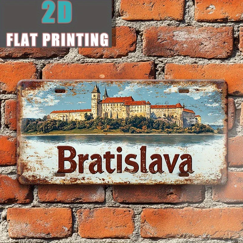2D Flat, 1pc Vintage Bratislava Metal Sign - 30.48x15.24cm Wall Art with Rustic European Castle Design, Perfect for Hom, 2D Flat
