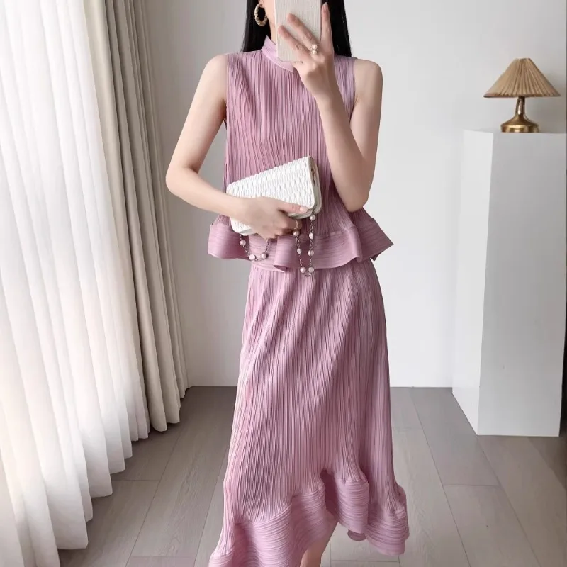 

Miyake Pleated T-Shirt 2026 Summer New Sleeveless Vest Top Women's Draped Fishtail Skirt 2-Piece Set Elegant Stretchy Clothing
