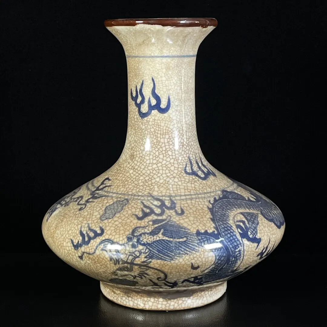 Vintage Style Blue & White Dragon Vase Crackle Glaze Chinese Porcelain Home Decor Collectible Gift