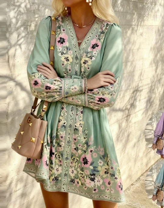 여성용 보헤미안 플로럴 프린트 드레스 - 브이넥, 긴 소매, 무릎 길이, 벨트 포함, 루즈핏, 플리츠 디자인, 봄에 딱 맞습니다
