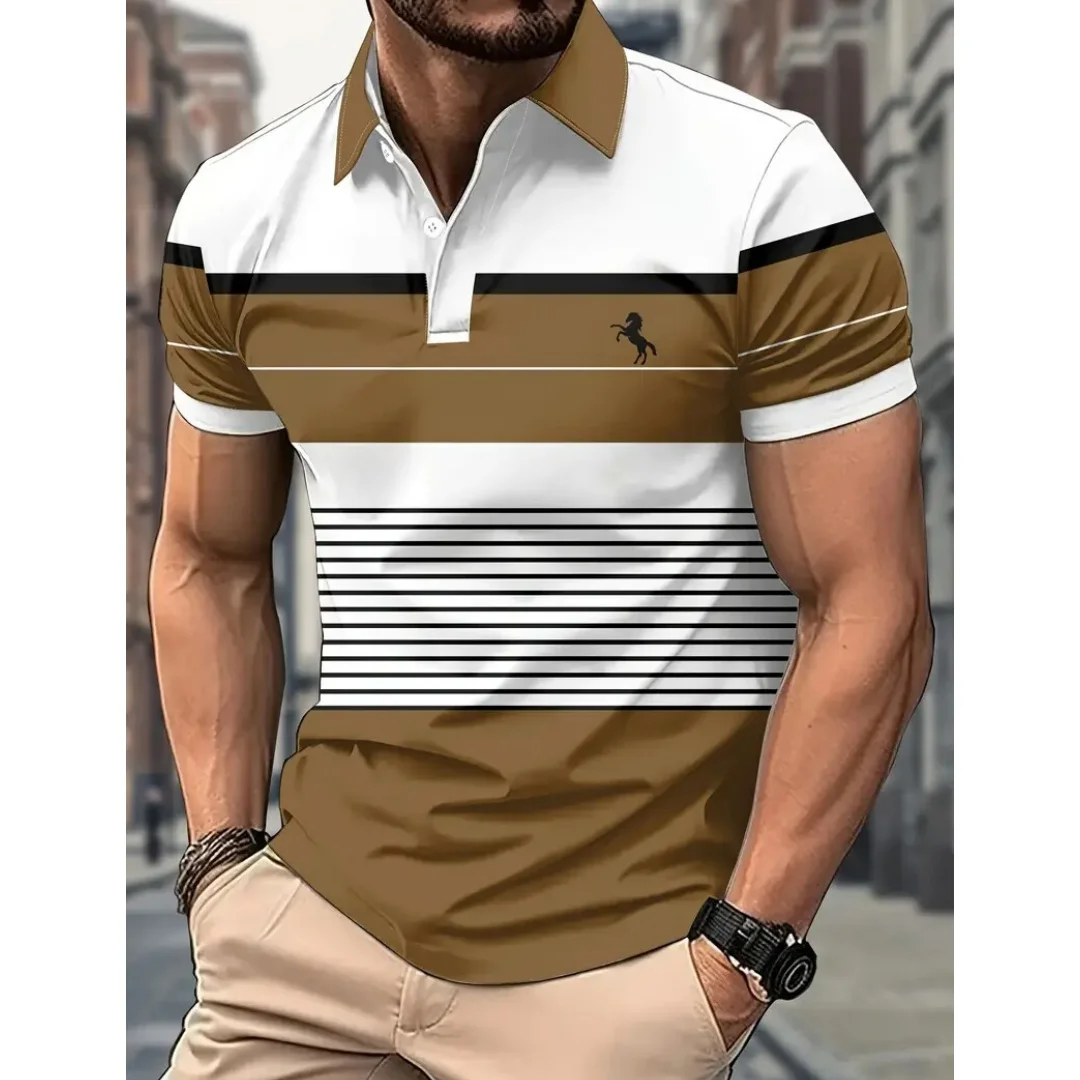 Summer New Men's Polo Shirt Horse 3d Printed Men's Button Polo Casual Short Sleeved Fashion Tops Daily Street Men's Y2k Clothing