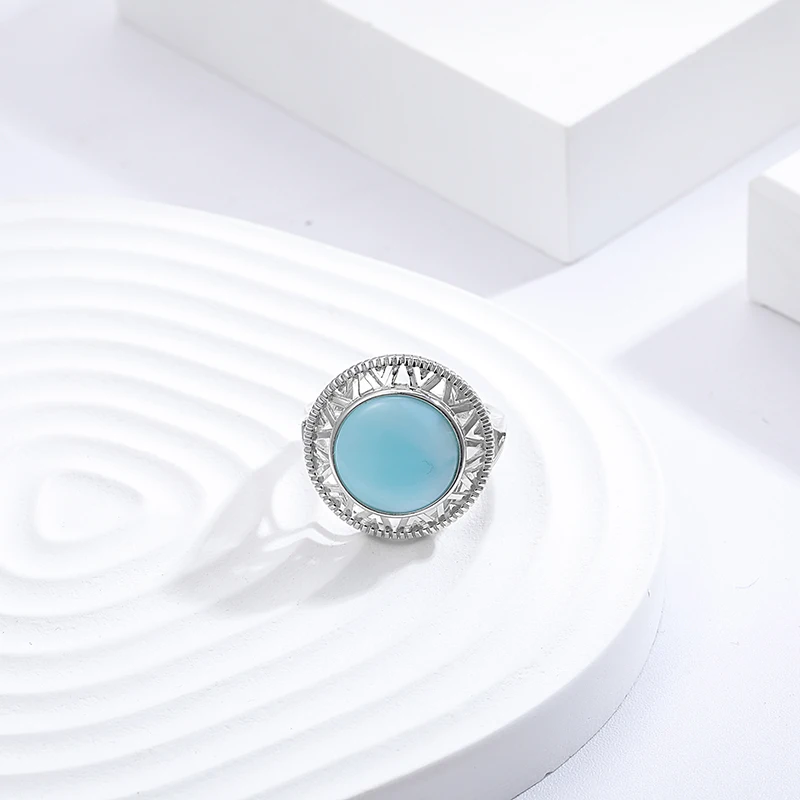 XYOP 925 Silver Gift Natural Blue Larimar Round Personality Ring, Europe And The United States Popular Wedding Jewelry Temperam