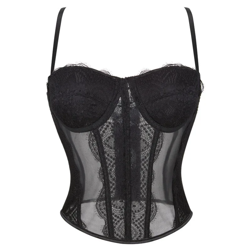 

New Mesh Three Row Buckle Suspender Shape Underwear Women's Tops Lace Bra Back Contrast Bustier Sexy Camisole Vest Corset Top