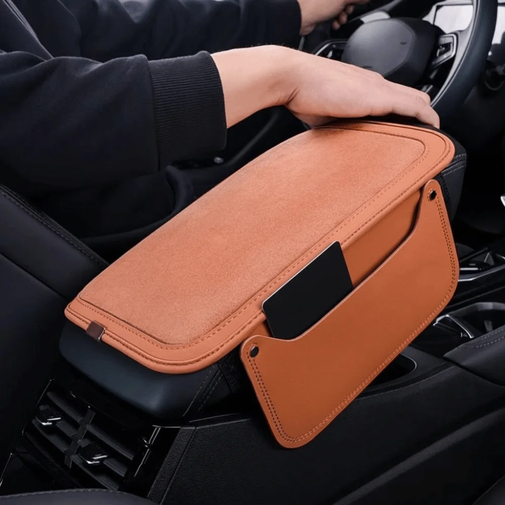 PU Leather Center Console Armrest Cushion Thicken Non-slip Car Elbow Support Pad Side Extension Pockets Easy To Install