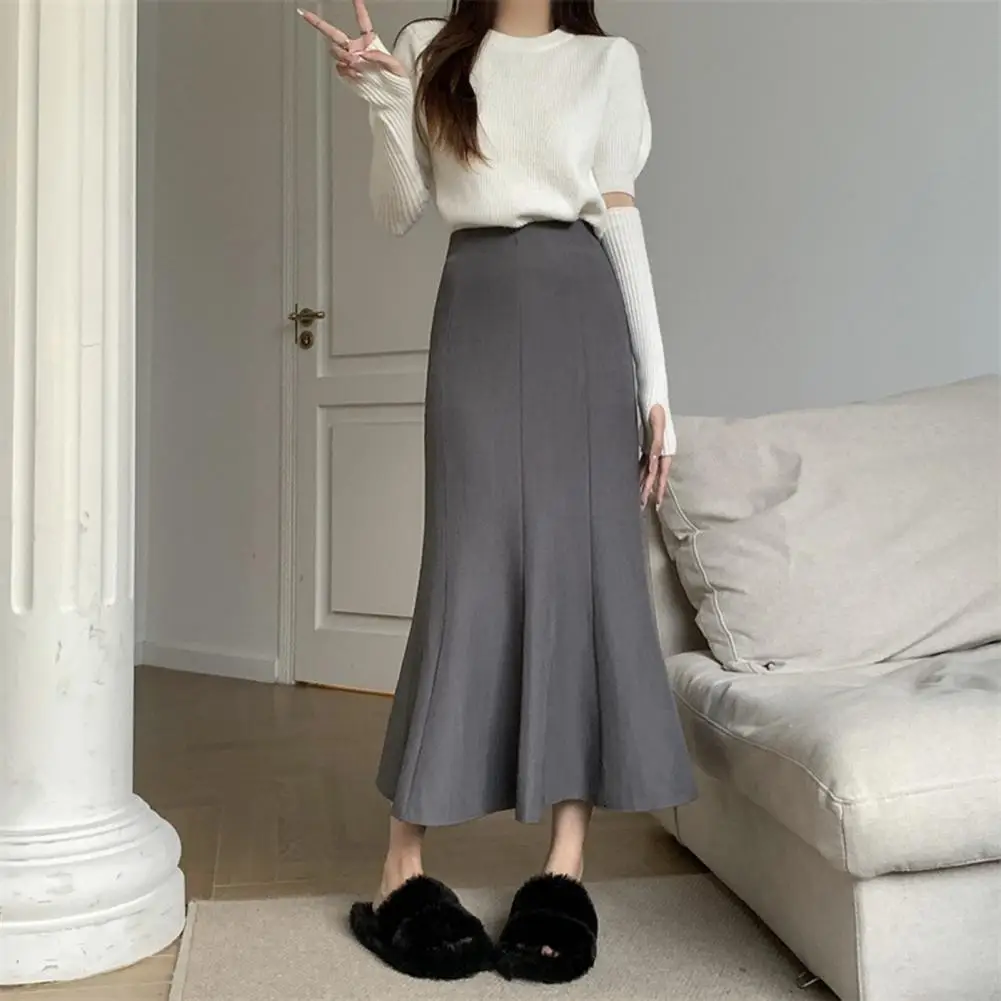 

Skirt Elegant Fishtail Maxi Skirt with Ruffle Trim High Waist Elastic Band Solid Color Design for Office or Wear High-waisted