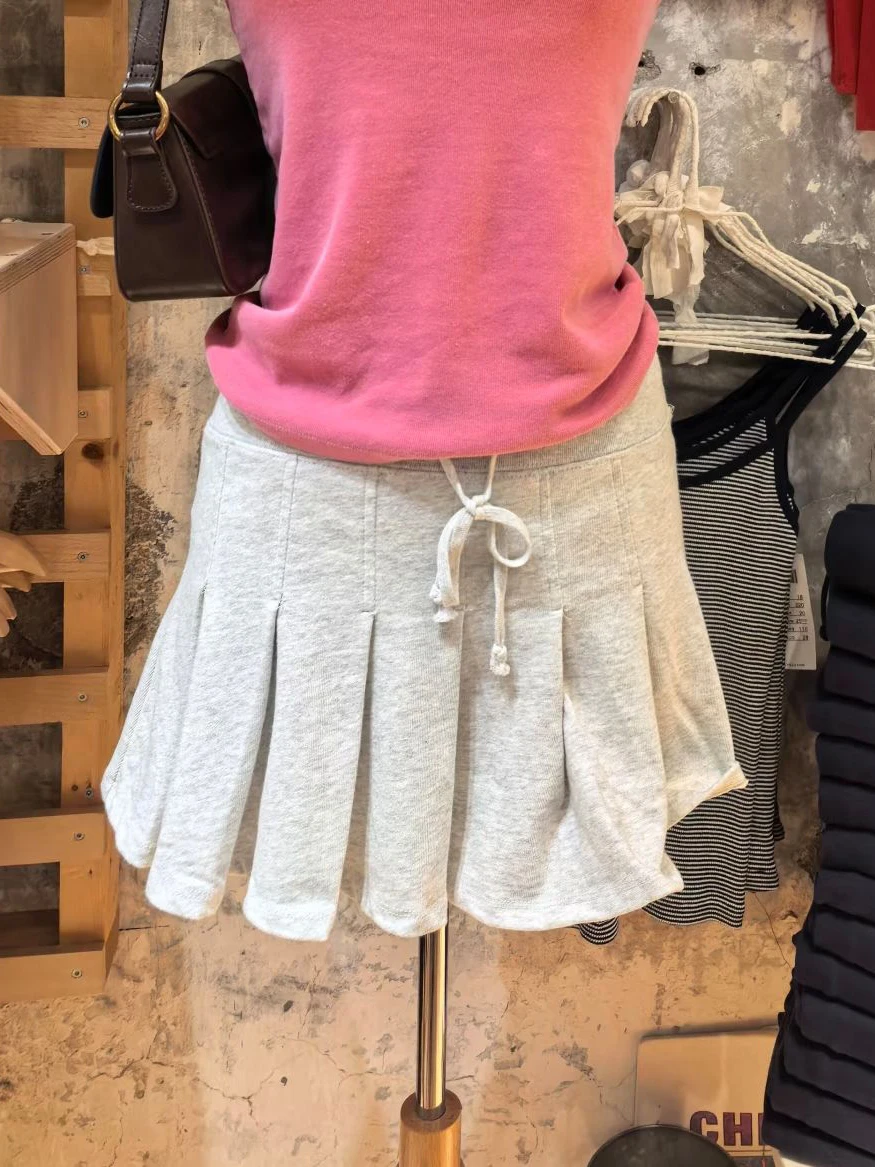 Solid Drawstring Pleated Mini Skirts Women Summer A-line Cotton Short Faldas Female Casual Simple Preppy Style Sweet Sport Skirt