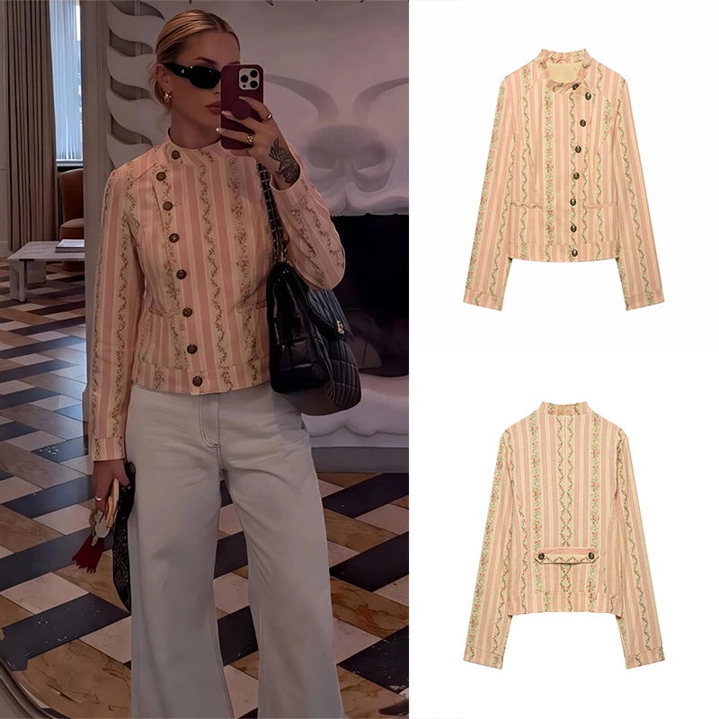 Guobioziy Women's Jacquard Striped Floral Jacket 2026 Spring and Autumn Collection Multicolor Button Design Western Casual Daily