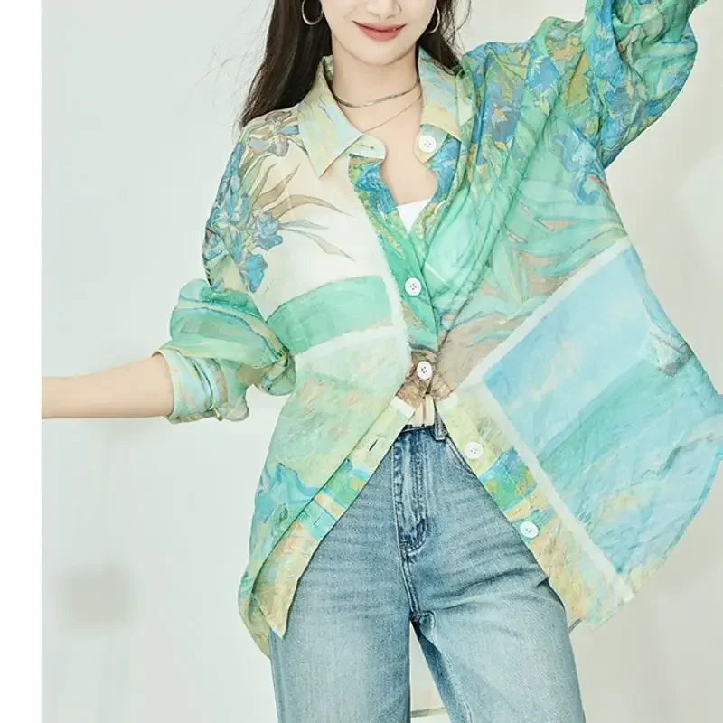 Casual Fashion Tie Dye Printed Long Sleeve Shirt Women\'s Clothing Korean Thin Vintage Turn-down Collar Button Blouse for Female