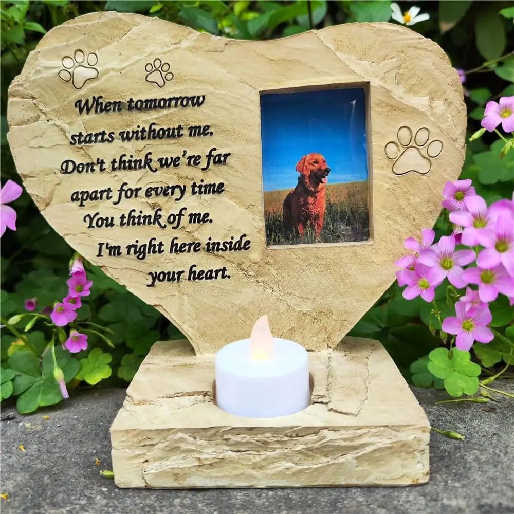 Pet Dog Memorial Stones with Photo Frame and Candle Holder, Heart Shape Pet Dog Garden Stone Grave Marker Loss Stone Decoration