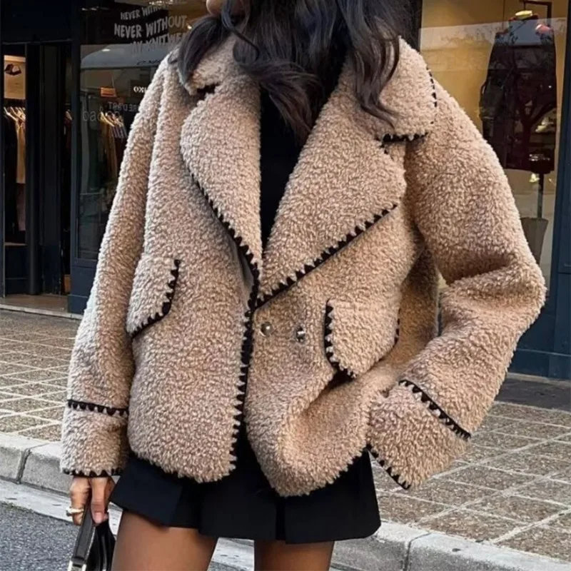 

Talenza Women's Solid Lamb Wool Jacket Fashion Lapel Loose Casual Long Sleeve Pocket Jacket Autumn Winter Office Warm Jacket Y2k