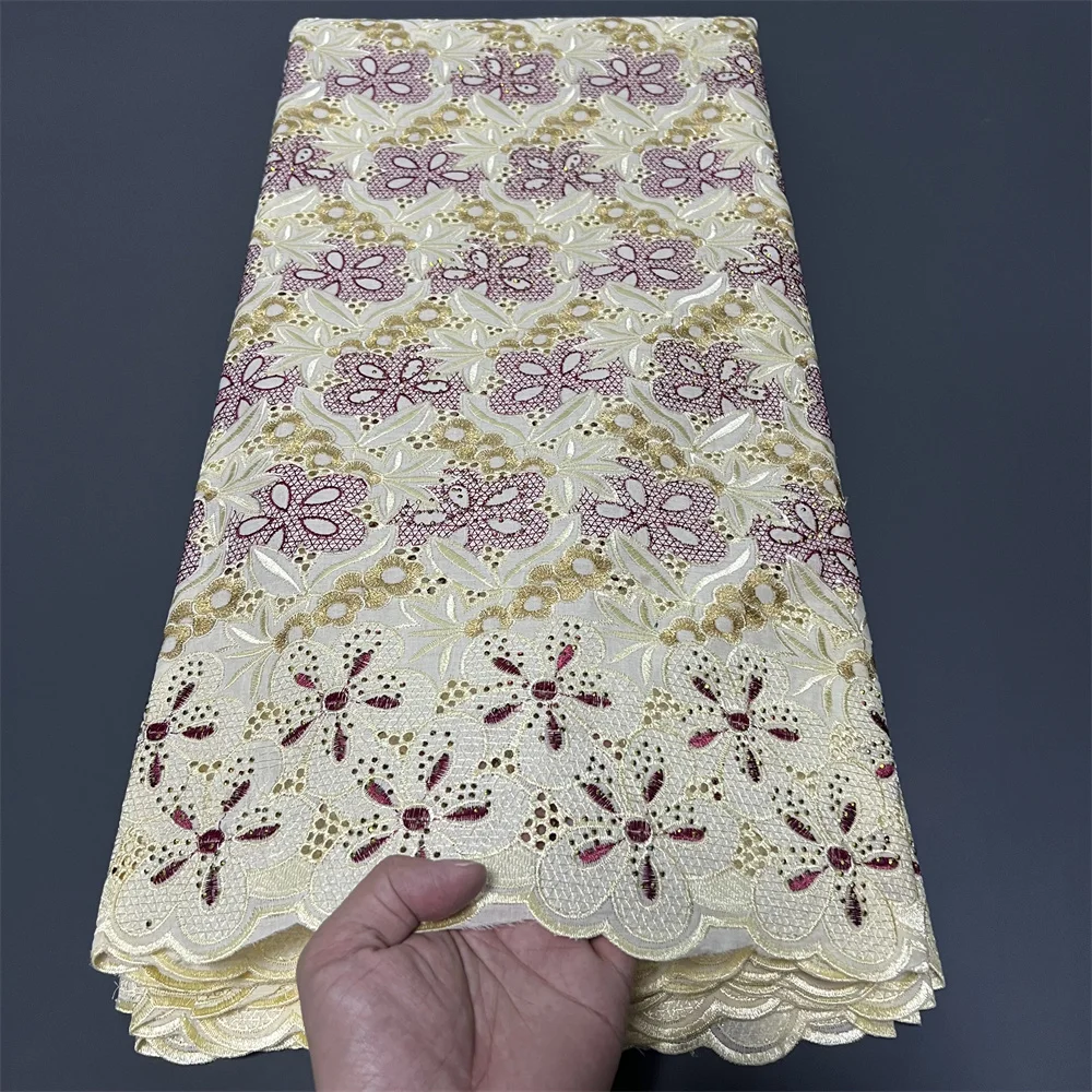 

2025 African Nigerian Tulle Lace Fabric for Dress Sewing High Quality Damask Cotton Pure Embroidery Wedding Party hz1380 5Yard