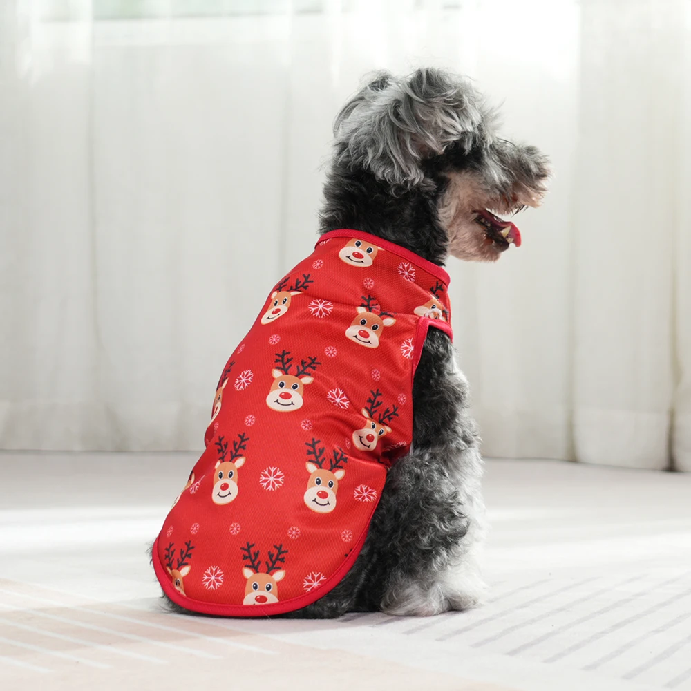 Christmas Deer Print Dog Clothes For Small Medium Dogs Cats Breathable Soft Puppy Vest T-shirt Schnauzer French Bulldog Pet Coat