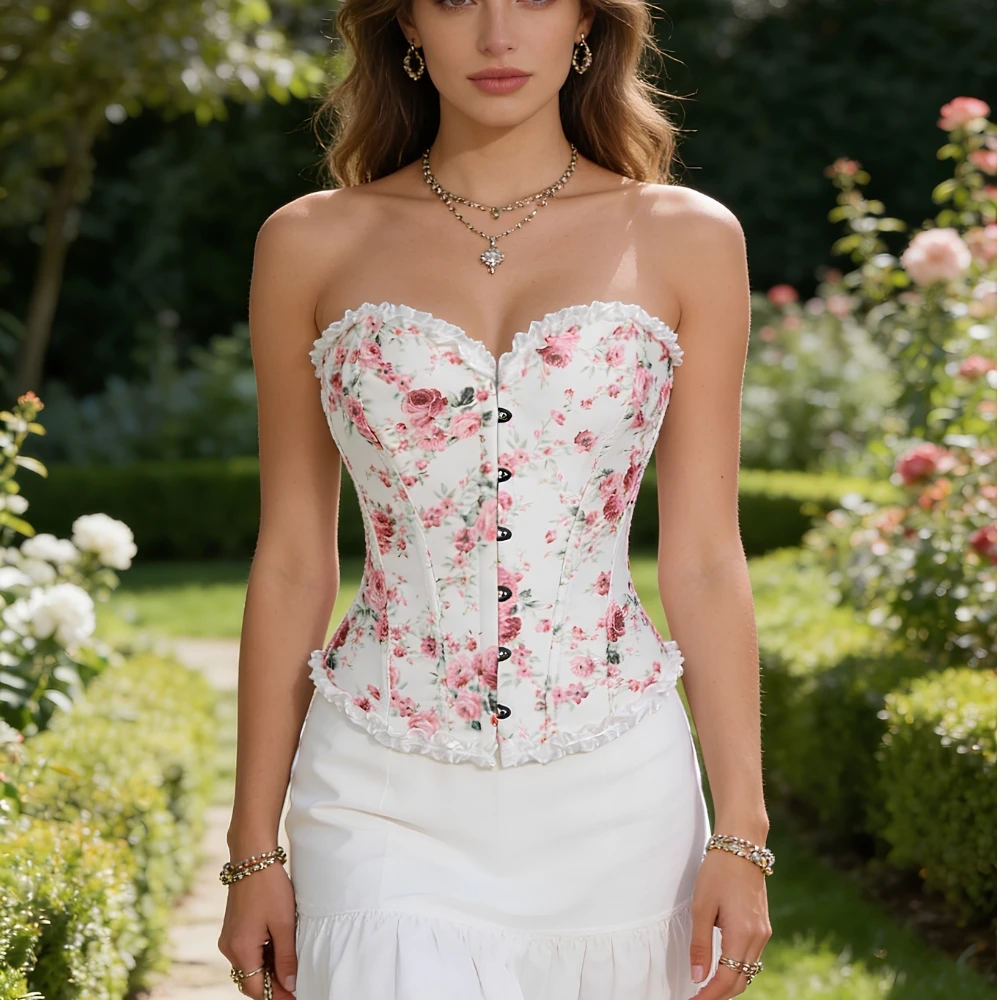 Women Fashion Vintage Corset Brocade Overbust Sexy Gothic Bustier Top Lace Up Plastic Boned Body Shaper Corselet No Padding