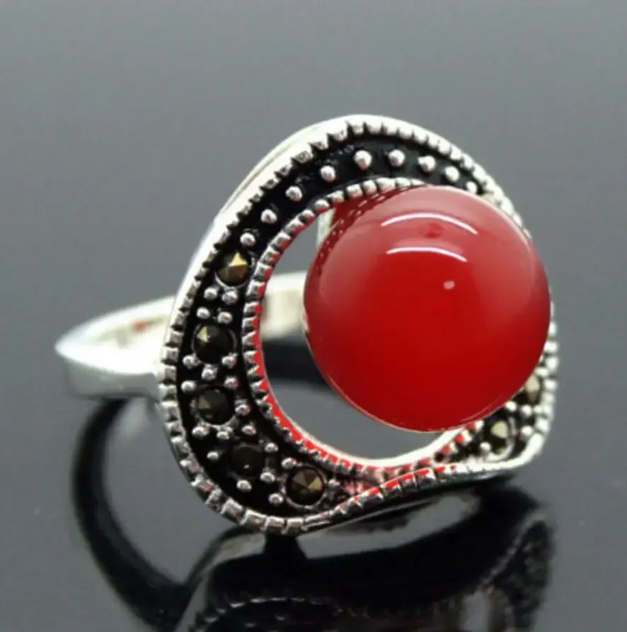 wholesale Pretty 6mm Red Natural jade Beads Inlay Marcasite 925 Sterling Silver Ring 7/8/9/10