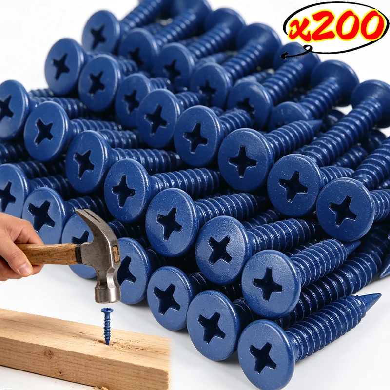 200/50x Blue Concrete Screws Carbon Steel Anchors Phillips Masonry Screws Dual Thread Fasteners Supplies for Brick Block Cement
