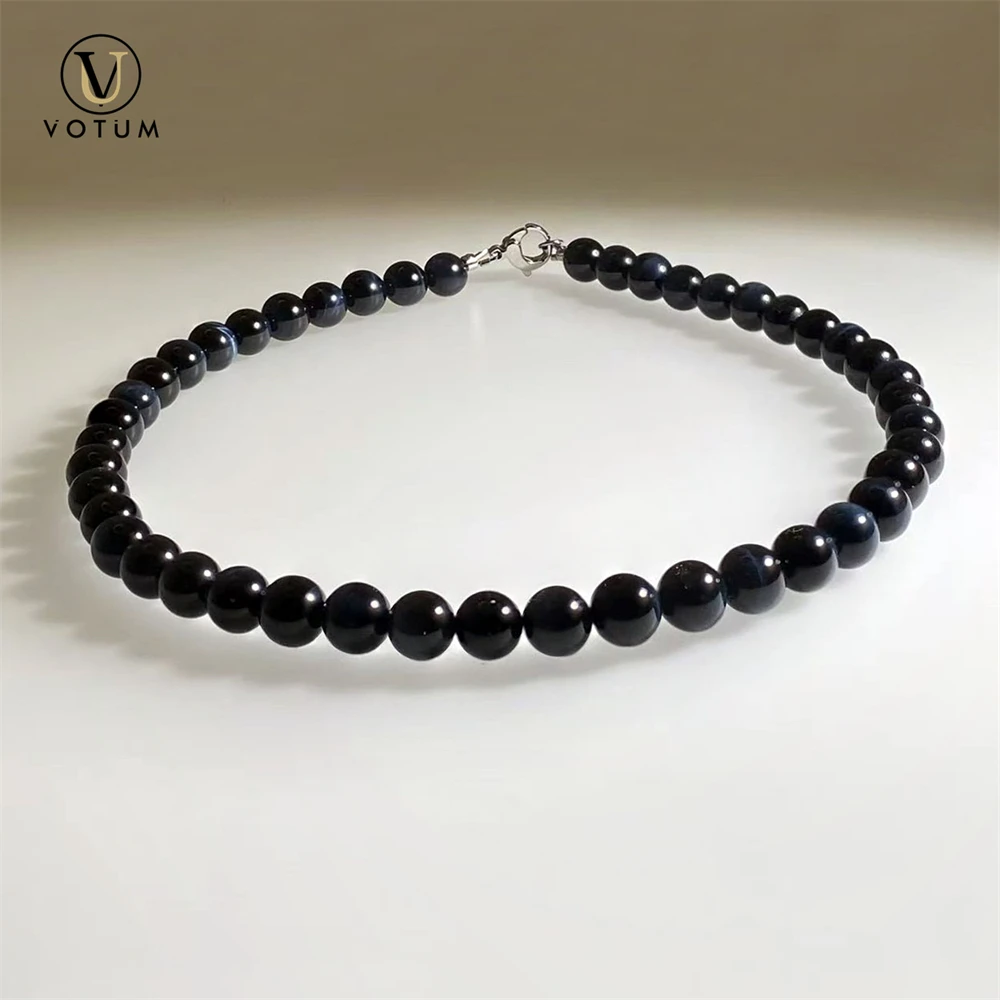 Votum Natural Blue Tiger Eyes Beaded Choker Necklace for Men Unisex Chakra Crystal Healing Protection Stone Necklaces Jewelry