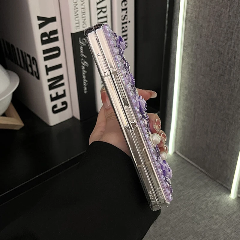 Luxury Bling Rhinestone Pearl Flower Phone Case For Samsung Galaxy Z Fold 7 6 5 4 3 Cute 3D Floral Purple Crystal Clear PC Cover